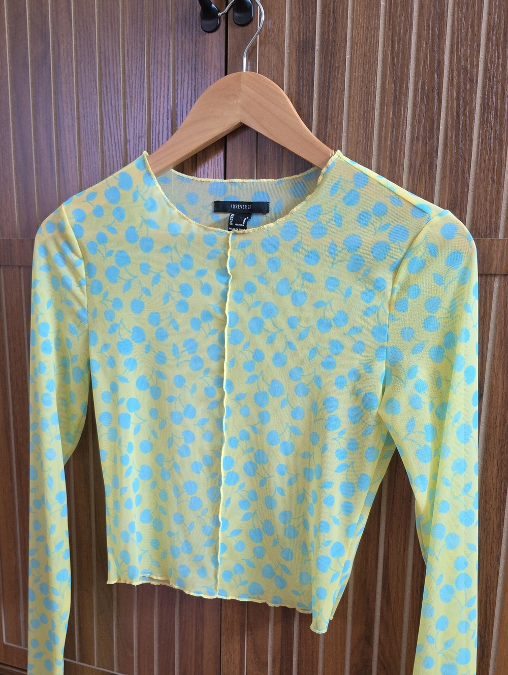 Forever 21 Yellow Long Sleeve Mesh Crop Top with Light Blue Dot Print